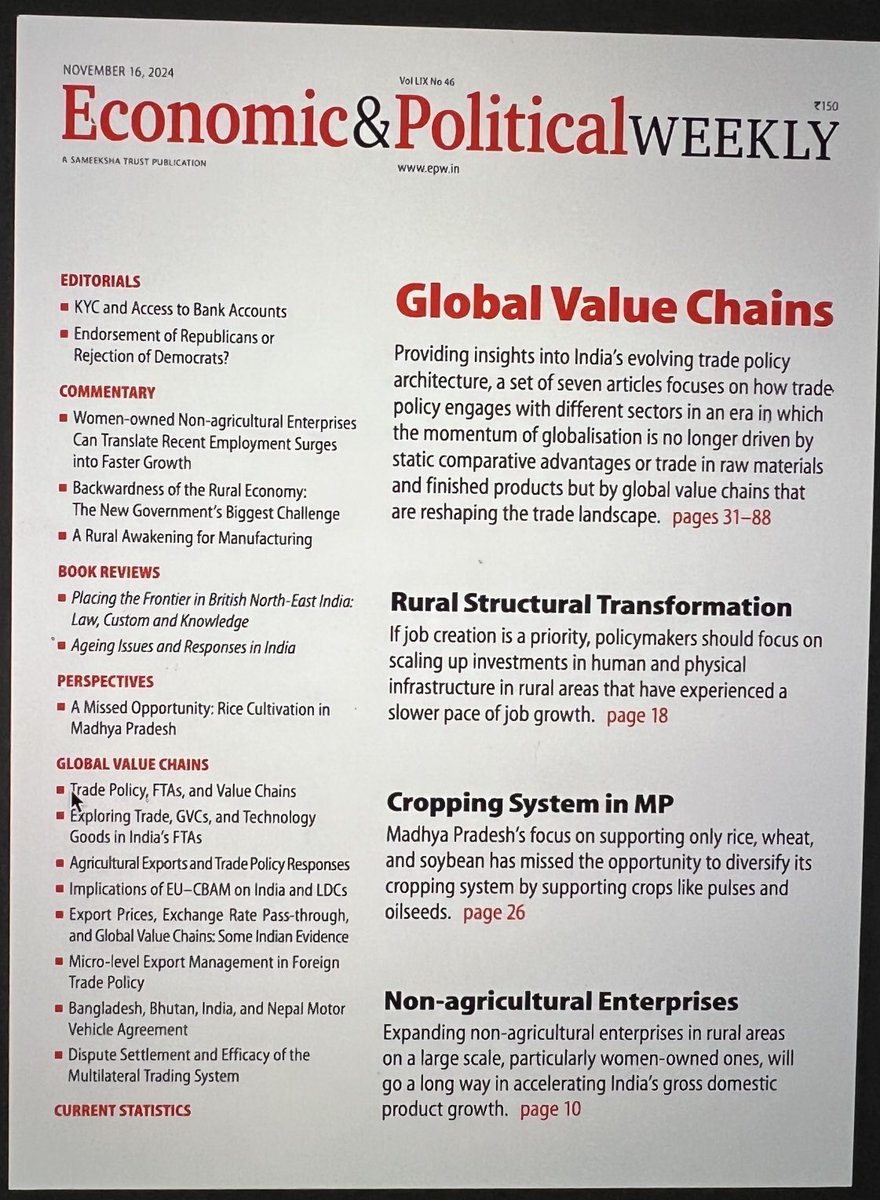 MahendraDevS's tweet image. Today’s issue of EPW ( Economic and Political Weekly) is a special issue on Trade policy, FTA ( Free Trade Agreements) and Value Chains. 7 papers analyse the global value chains which are reshaping the trade landscape.