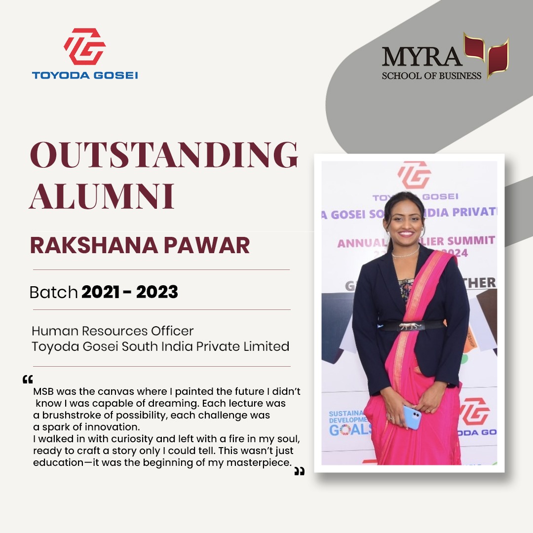 Rakshana Pawar (Batch 2021-23) is now thriving as an HR Officer at Toyoda Gosei South India Pvt. Ltd! Her MSB journey was a canvas for dreams, igniting innovation and shaping her future. Proud of our alumna’s success! 
#MSBAlumni #AlumniSpotlight