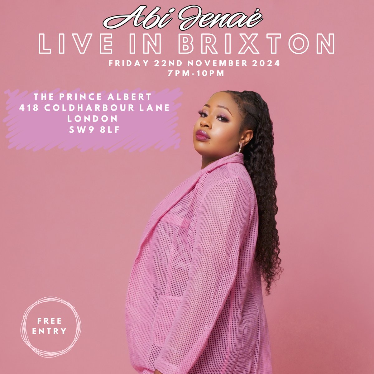 Hey I'm looking forward to seeing you next Friday at my home show in London!

I have 3 amazing supporting acts: Ajia, INF and Royalty X and we are very excited to share our music. 

Tickets here - eventbrite.co.uk/e/abi-jenae-li…

See you soon, Love &amp; Hustle!

x

Abi J