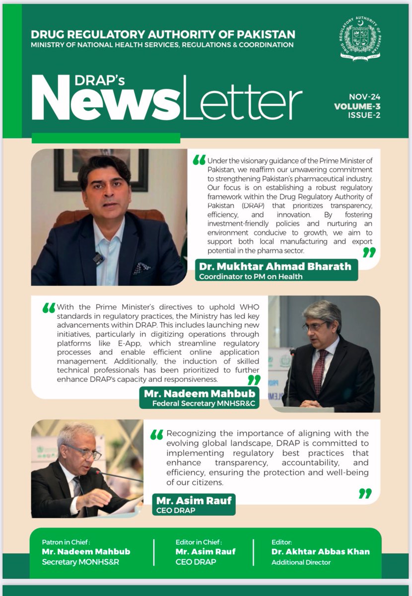 akhtarabbas76's tweet image. 📢 We are pleased to share the latest issue of DRAP's Newsletter! 🌟
Stay updated with the latest developments, initiatives, and insights into healthcare and medicine regulation in Pakistan.
📰 Click here to read: lnkd.in/eNM3NmUv
#Pharmaceutical #ClinicalTrials #drug