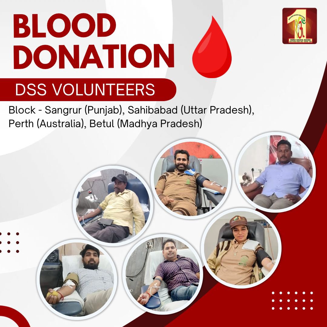 DSSNewsUpdates's tweet photo. A single pint can save three lives; a single gesture can create countless smiles. Dera Sacha Sauda volunteers have once again showcased compassion by donating blood to save lives. Their selfless act not only brings hope to patients in need but also highlights the power of giving! Each donation is a step toward a healthier world.
#BloodDonation #DeraSachaSauda #TrueBloodPump #SaveLives #LifeSavers