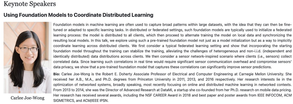 HongJia_1's tweet photo. 🚀Excited to announce our amazing keynote speaker, Carlee Joe-Wong, for our #EIFCom workshop, co-located with #Mobicom2024! She will be sharing her team's exciting work on foundation models for distributed learning.

Time: Nov 18 (2pm, New York Room) https://t.co/wPscOpopvy https://t.co/1q7oPuftss