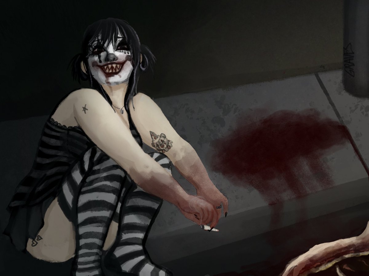 Gremsgrave's tweet photo. When tha late night munchies arrive and u procure a tasty little treat #ClownGirls #digitalart https://t.co/nBcjAQRQrh
