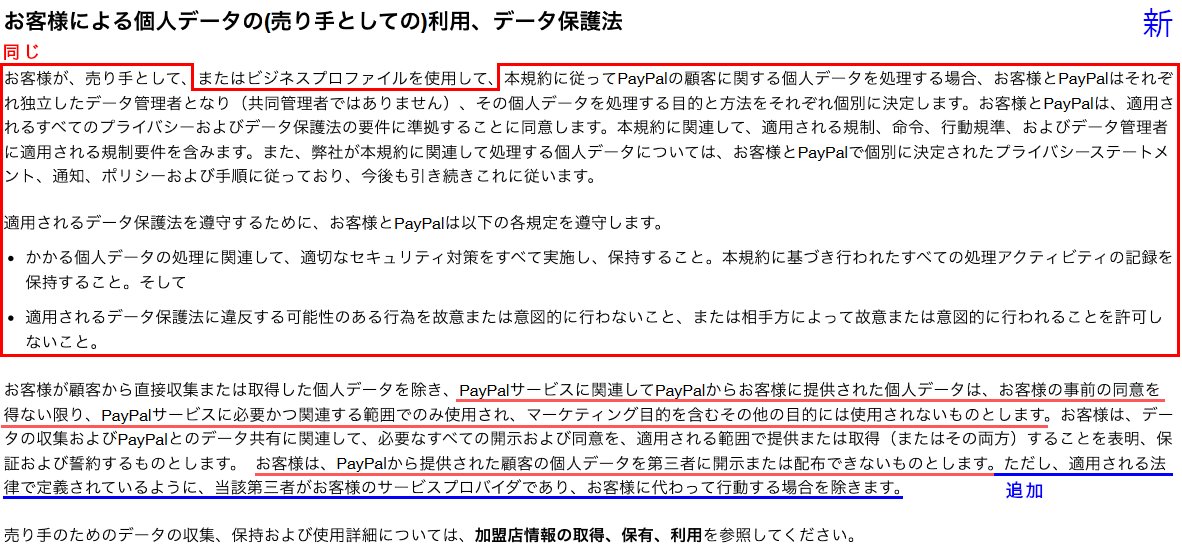 syachi_2010's tweet photo. PayPalの規約変更って店がどこかの決済サービスを経由している場合そのサービス業者に個人データ開示していいのが表記されたってことでいい？（青線部分）
「お客様に変わって行動」の範囲が書いてないけど https://t.co/H4zp4Tot5b