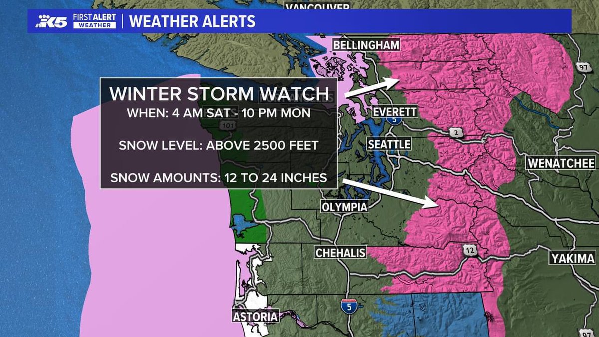AClaibonWx's tweet photo. Sun in the lowlands today and in the mountains. Dry Huskies game, tonight but rain/wind/some mountain snow this weekend. Snow levels briefly go above pass level Saturday night->Sunday morning, so there will be some melting too. Have a great weekend! #k5fall #k5weather #wawx #TGIF https://t.co/YfQLVBTH2E