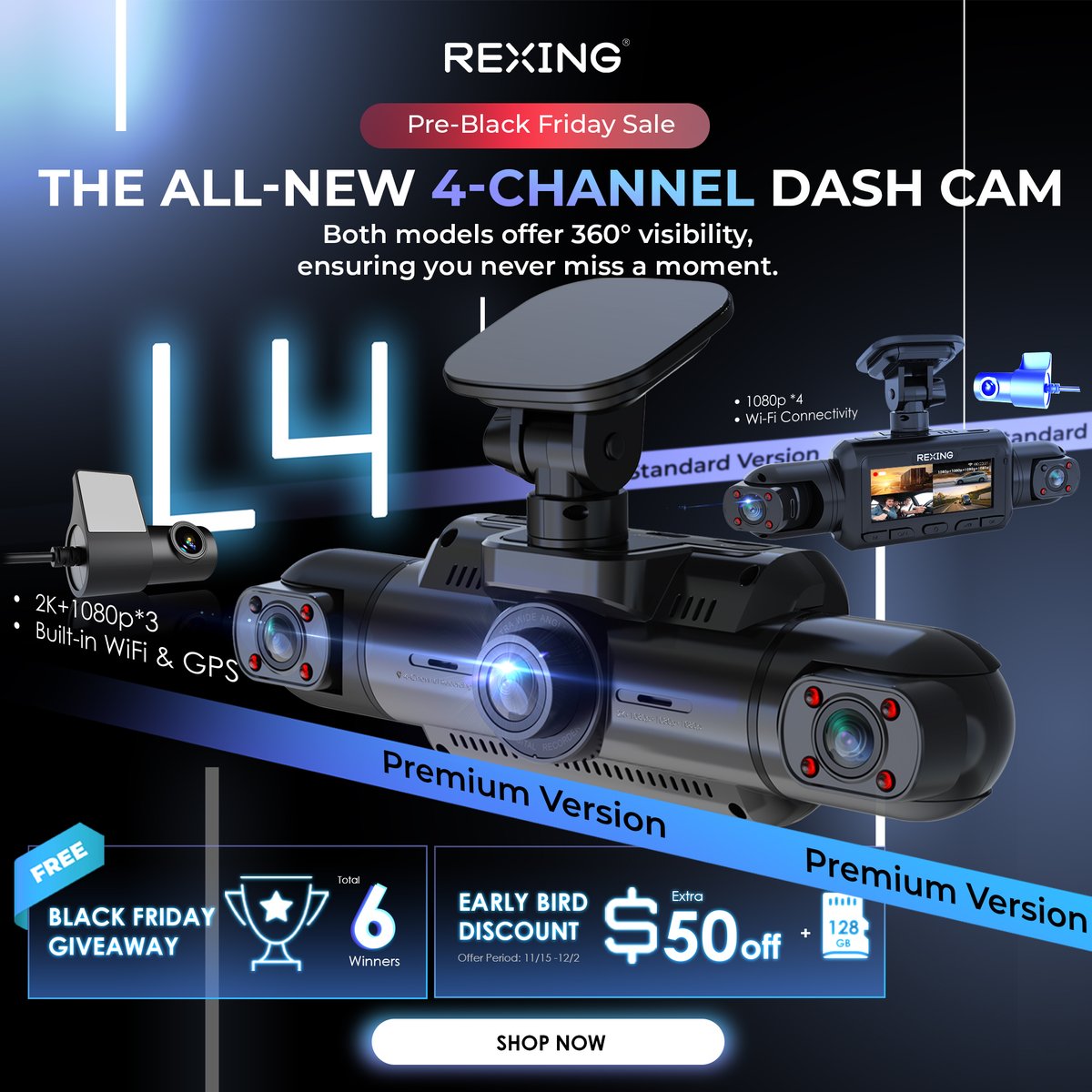rexingusa's tweet photo. 🎉 BLACK FRIDAY GIVEAWAY ALERT 🎉

Win the ALL-NEW 4-CHANNEL DASH CAM by Rexing! 🎥 Offering 360° visibility with WiFi &amp; GPS. 6 lucky winners!

How to Enter:
👉 https://t.co/KbB4zVAdvD
#Win via @GleamApp
Follow, Retweet, and Tag a friend!
#DashCam #Giveaway #BlackFriday #Rexing https://t.co/FA0IaLH7xo