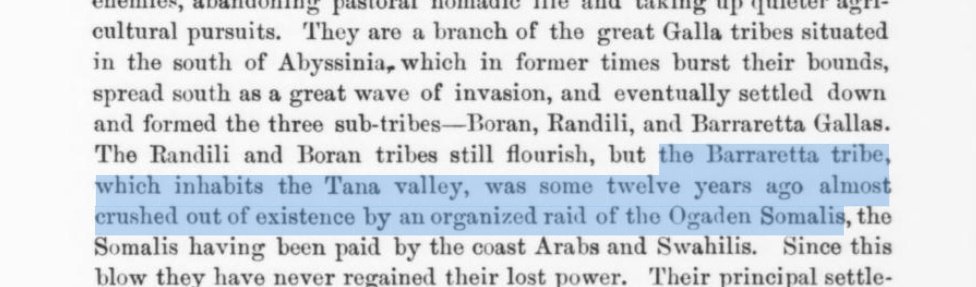 hornaristocrat's tweet photo. 3. The major southern Galla tribes were 3 in the 19th century :

a) Rendille  
b) Boraan
c) Barraretta

We know what happened to the Rendille & Boraan, but what about the Barraretta ?

The answer can be found here, where it is stated that in 1882, the Ogaden Somalis launched a raid so destructive and chaotic, that the tribe nearly went extinct in the aftermath of this single attack.