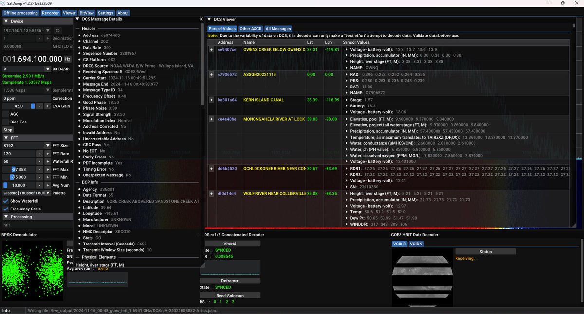 JVital2013's tweet image. I'm happy to show off a new feature available in the #SatDump nightlies: GOES-R HRIT DCS decoding!
When "Parse DCS" is enabled , you can now see DCS messages as they are relayed over HRIT in real time. JSON files are also saved for further processing.