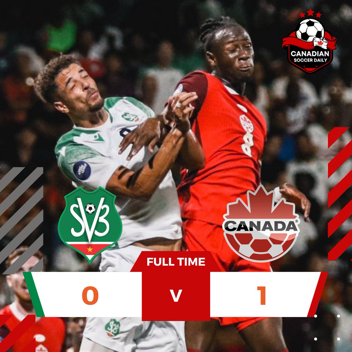 CANSoccerDaily's tweet photo. FULL-TIME: Suriname 0-1 Canada

It wasn't pretty but thanks to Junior Hoilett, #CanMNT have one foot in both the CONCACAF Nations League Finals and Gold Cup. #CanMNT | #SURCAN

https://t.co/2eQ87g4cAY https://t.co/jEWcVeuki6