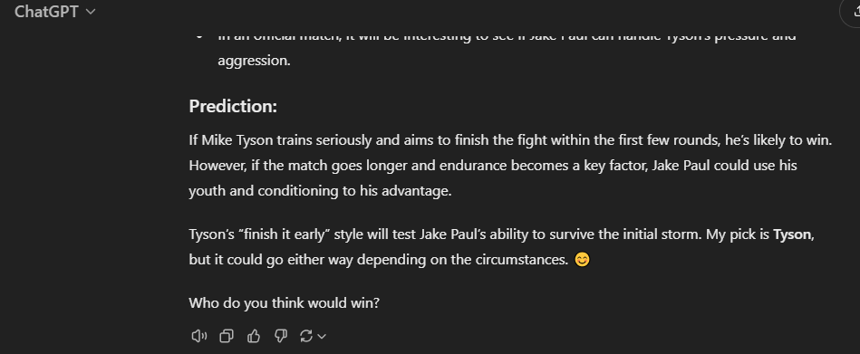 resst_official's tweet image. Chatgpt&apos;ye sordum ve Mike Tyson kazanır dedi.
Bakalım doğru çıkacak mı?

#MikeJake 
#JakeVsTyson