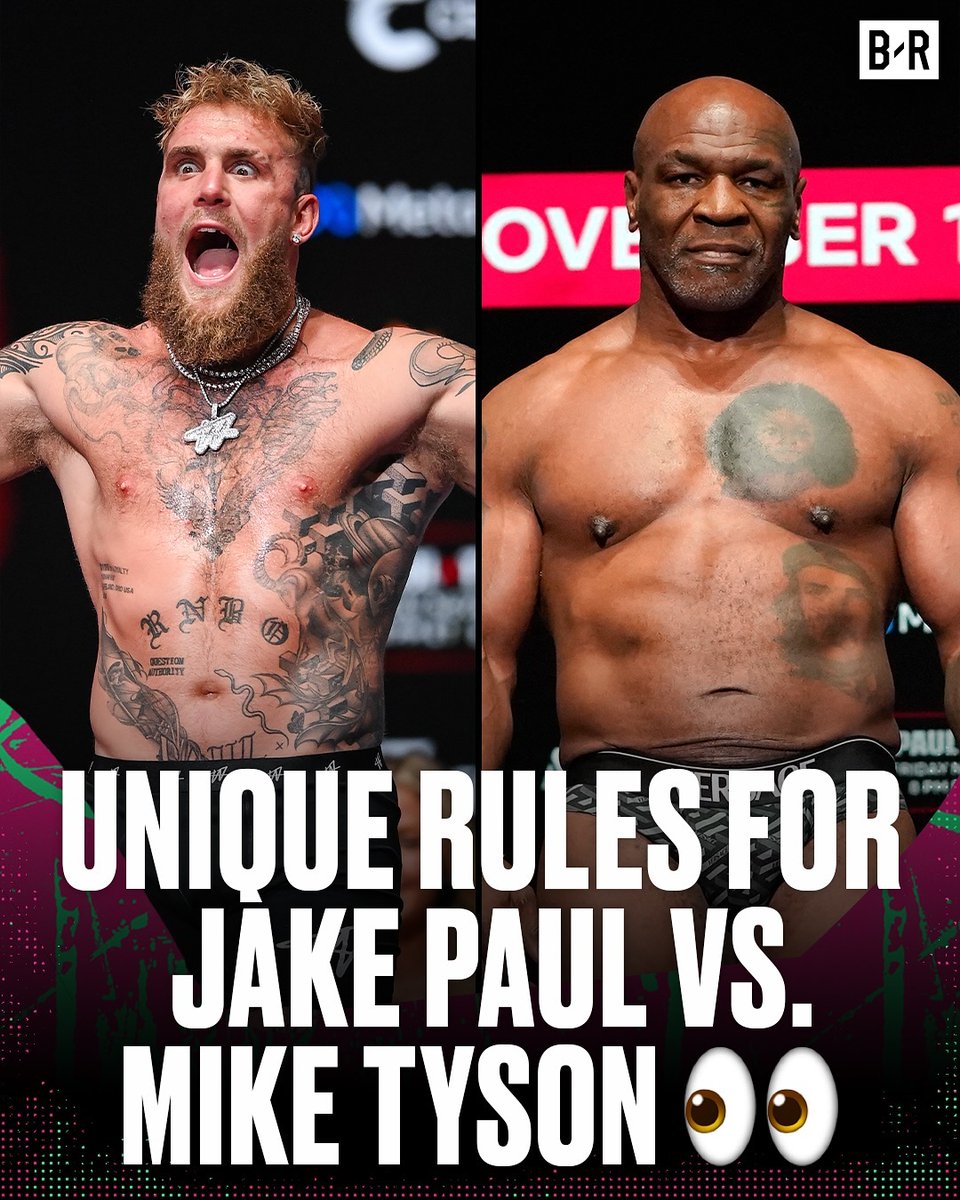 BleacherReport's tweet photo. RULES FOR PAUL-TYSON FIGHT 🍿

-Fight is scheduled for 8 2-minute rounds
-Fighters will wear 14-ounce gloves, no headgear
-Judges will score the fight ringside and make a decision if there's no KO

Full list here: https://t.co/e3Pmw877QT https://t.co/O6Fhzs3jrH