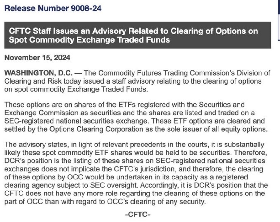 SimplyBitcoin's tweet photo. JUST IN: CFTC releases notice on the clearing of options for spot #Bitcoin ETF‘s https://t.co/WphqvuiYrn