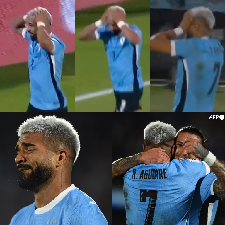 InvictosSomos's tweet photo. Manos a la cabeza. Lágrimas incontenibles. Felicidad total. La reacción de Rodrigo Aguirre tras marcar en su DEBUT OFICIAL con la Selección absoluta de Uruguay. Solo necesitó ¡¡60 MINUTOS!! para estrenarse con La Celeste. Y lo hizo firmando la remontada ante Colombia. Qué momentazo para el delantero del Club América de México. IMPOSIBLE NO EMOCIONARSE.