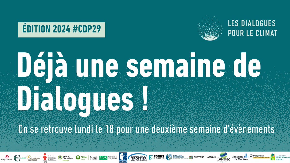 Déjà une semaine de Petits RDV climatiques, Débreffages, et Panels intersectoriels ! 💚

📢 Mais ne vous inquiétez pas, nous avons une autre belle semaine remplie d'évènements passionnants des #DialoguesClimat2024 qui vous attend dès lundi pour suivre la suite de la #CdP29 !