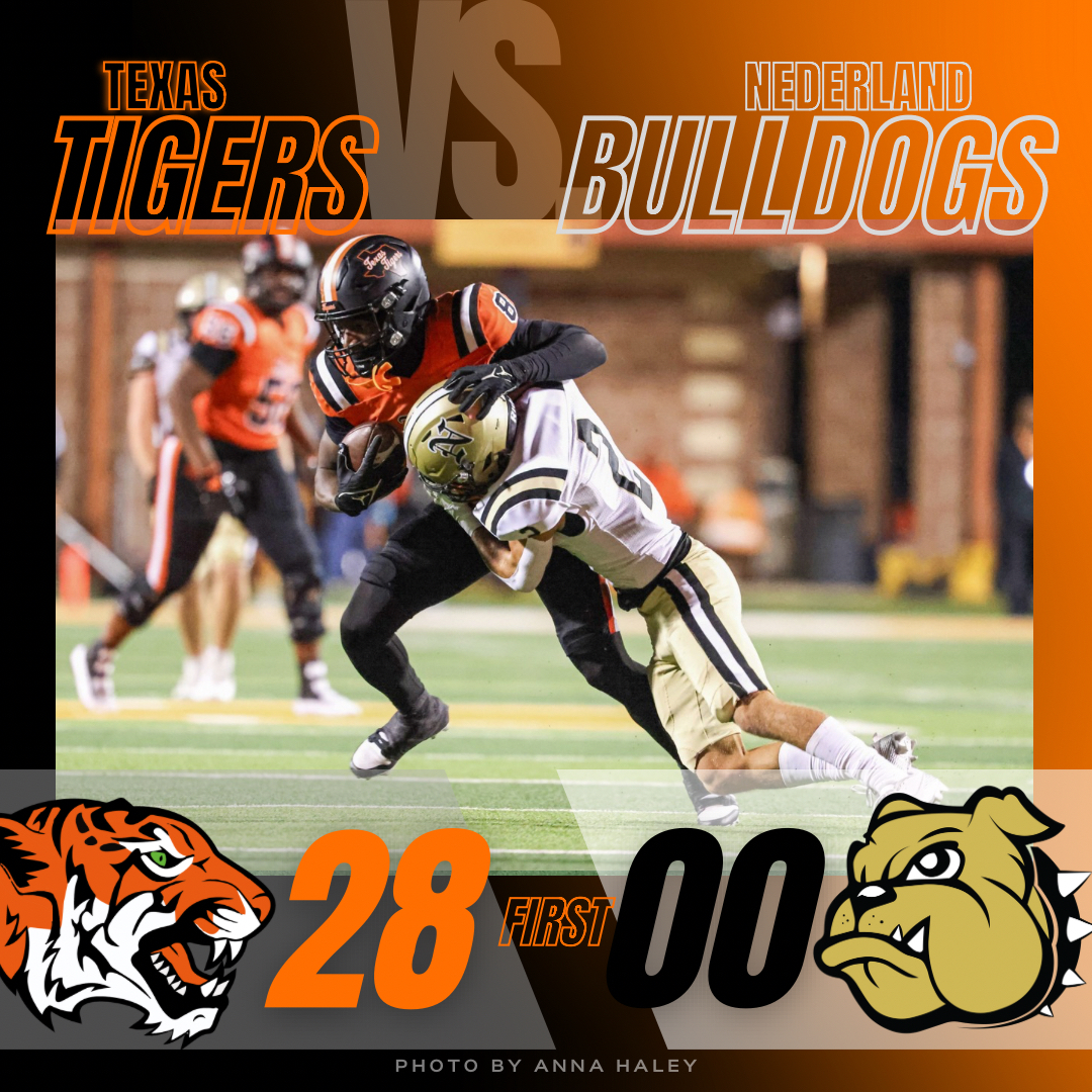 TigerTimesTHS's tweet photo. Texas High takes an early lead against the Nederland Bulldogs. Score going into the second quarter is 28-0. #txhigh #texashighschoolfootball https://t.co/8rQXkZlsLF