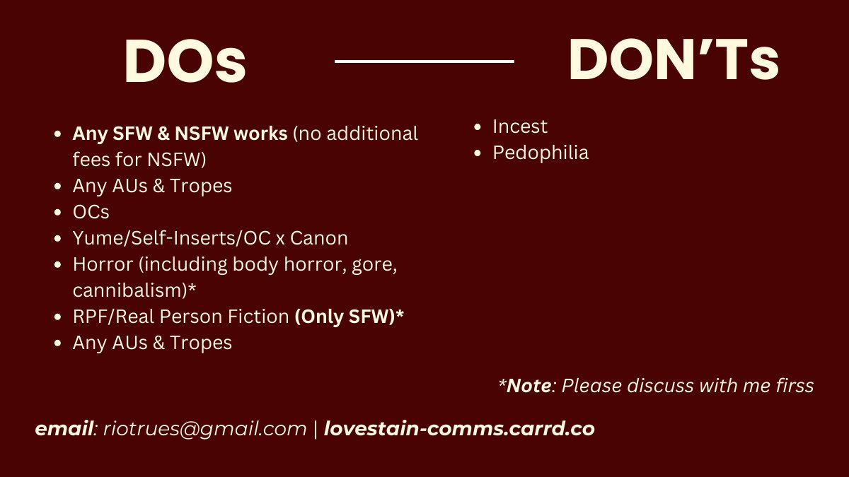 🗡️ RTS ARE APPRECIATED! 🗡️

hey! i'm back again with my WRITING, EDITING &amp; BETA READING COMMISSIONS! here are my pricelist, tos &amp; other details. i've added slots and changed my prices this time around.

⭐ DM/email for inquiries!
⭐ lovestain-comms.carrd.co