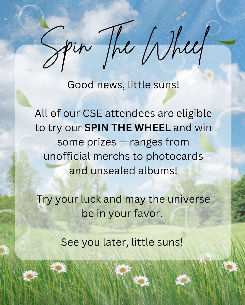 alwaysforzcl's tweet photo. Are you enjoying the sprouting of flowers and the rustling of the leaves? 

To excite you more, all attendees of our Chenle CSE are given a chance to try our "Spin The Wheel" and win prizes!

See you later!

#OurFlowerChenleDay https://t.co/7r7C6bQDb6