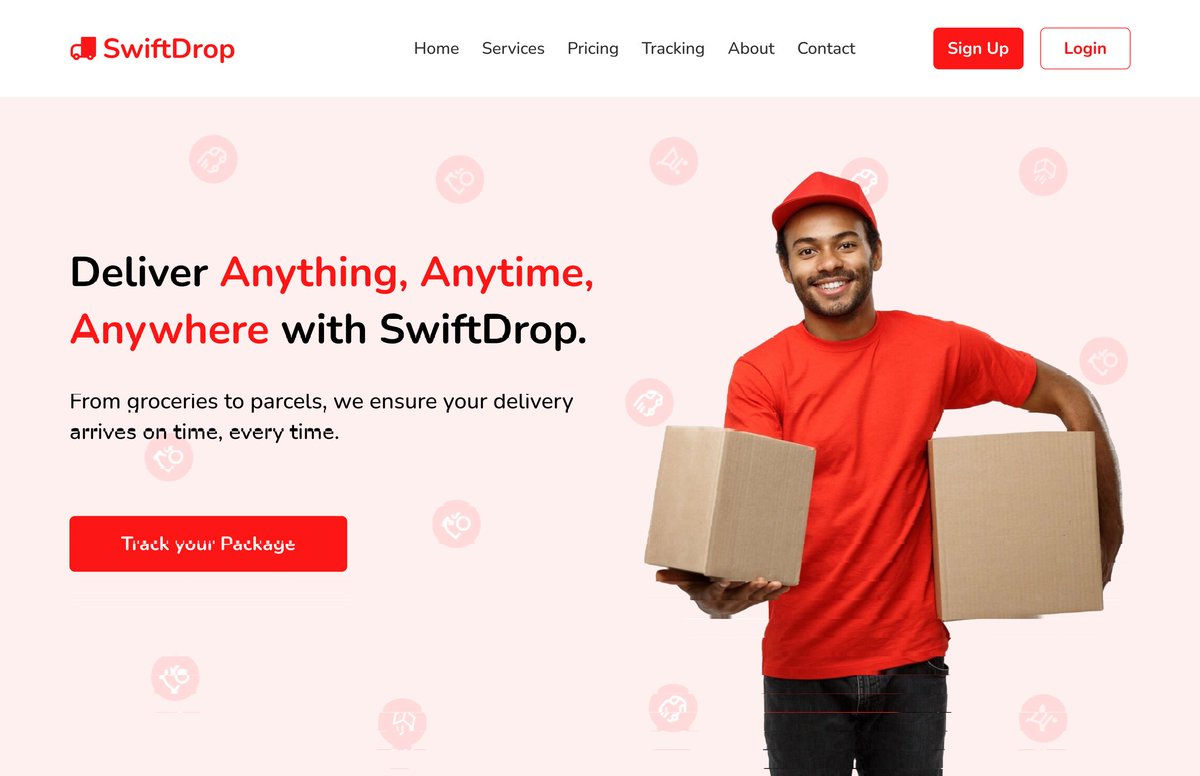 iam_tosin_'s tweet image. 🚛 Sneak Peek: Working on the SwiftDrop landing page a delivery service built to deliver anything, anytime, anywhere!

Clean design, bold tagline, &amp;amp; seamless user experience. Track your packages with ease. Stay tuned for more updates! 

#SwiftDrop 
#UIDesign 
#DeliveryService