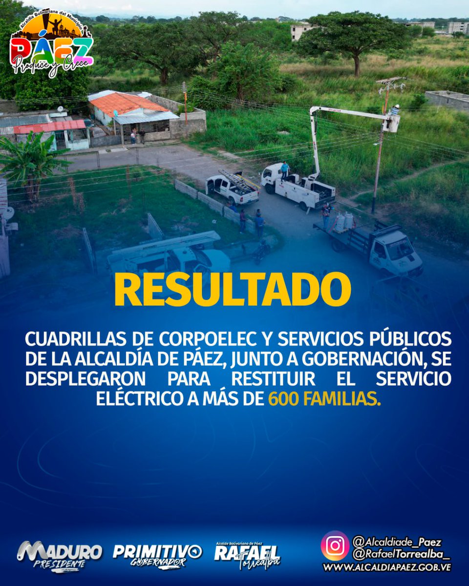 En menos de 72 horas se logró dar una respuesta efectiva a más de 600 familias paecistas.

El presidente Nicolás Maduro, el gobernador Primitivo Cedeño y el alcalde Rafael Torrealba siempre de la mano con su pueblo ✌🏻 

🖥️ alcaldiapaez.gob.ve

#PáezProduceYCrece