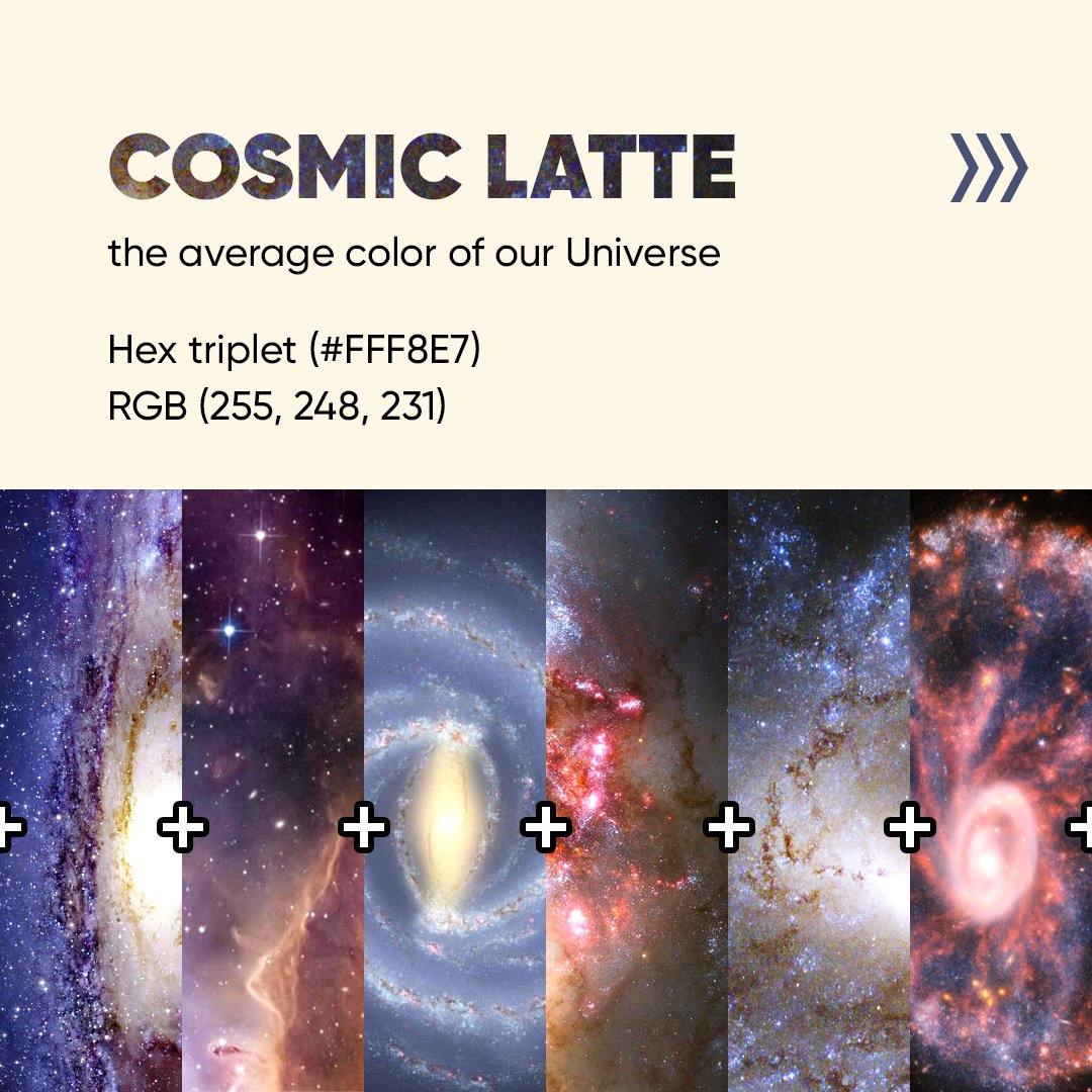 StarWalk's tweet photo. The Universe’s Color: "Cosmic Latte" ☕✨

Did you know the average color of the universe is called Cosmic Latte? 🌠 Astronomers at Johns Hopkins University analyzed the light from over 200,000 galaxies and discovered this creamy, beigeish white hue. But naming the color was almost as fun as the discovery itself! 🪐💫

When the corrected color was announced, the researchers asked for name suggestions (jokingly insisting it couldn’t be "beige"). 📝 Here are some of the creative contenders:

- Cappuccino Cosmico ☕ (17 votes)
- Big Bang Buff/Blush/Beige 💥 (13 votes)
- Cosmic Cream 🌟 (8 votes)
- Skyvory 🌌 (7 votes)
- Primordial Clam Chowder 🤔 (4 votes)

Although "Cappuccino Cosmico" received the most votes, the team settled on "Cosmic Latte" for its nod to Galileo’s Italian roots. "Latte" means "milk" in Italian, and the term links beautifully to the Milky Way, "Via Lattea". Plus, the researchers admitted they might be "caffeine biased." ☕😄

Next time you sip a latte, remember you’re holding a little bit of cosmic inspiration! 🌠✨

#CosmicLatte #UniverseColors #AstronomyFacts #MilkyWay #StarWalk