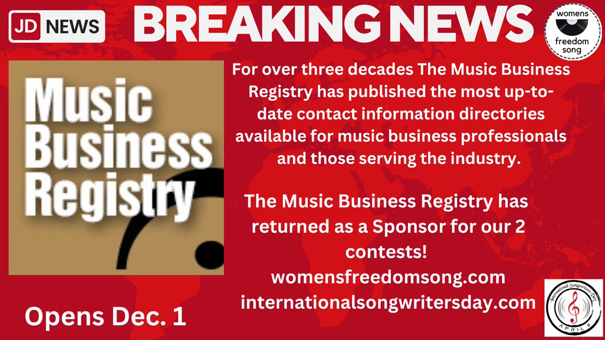 intlsongwtrday's tweet photo. We would like to welcome back our Sponsor The Music Business Registry a valuable information resource! #themusicbusinessregistry @RitchEsra, @musicregistry #songcontest #lyriccontest #MusicVideo 
https://t.co/1UlheowdK9 https://t.co/jlY9UkyE7g