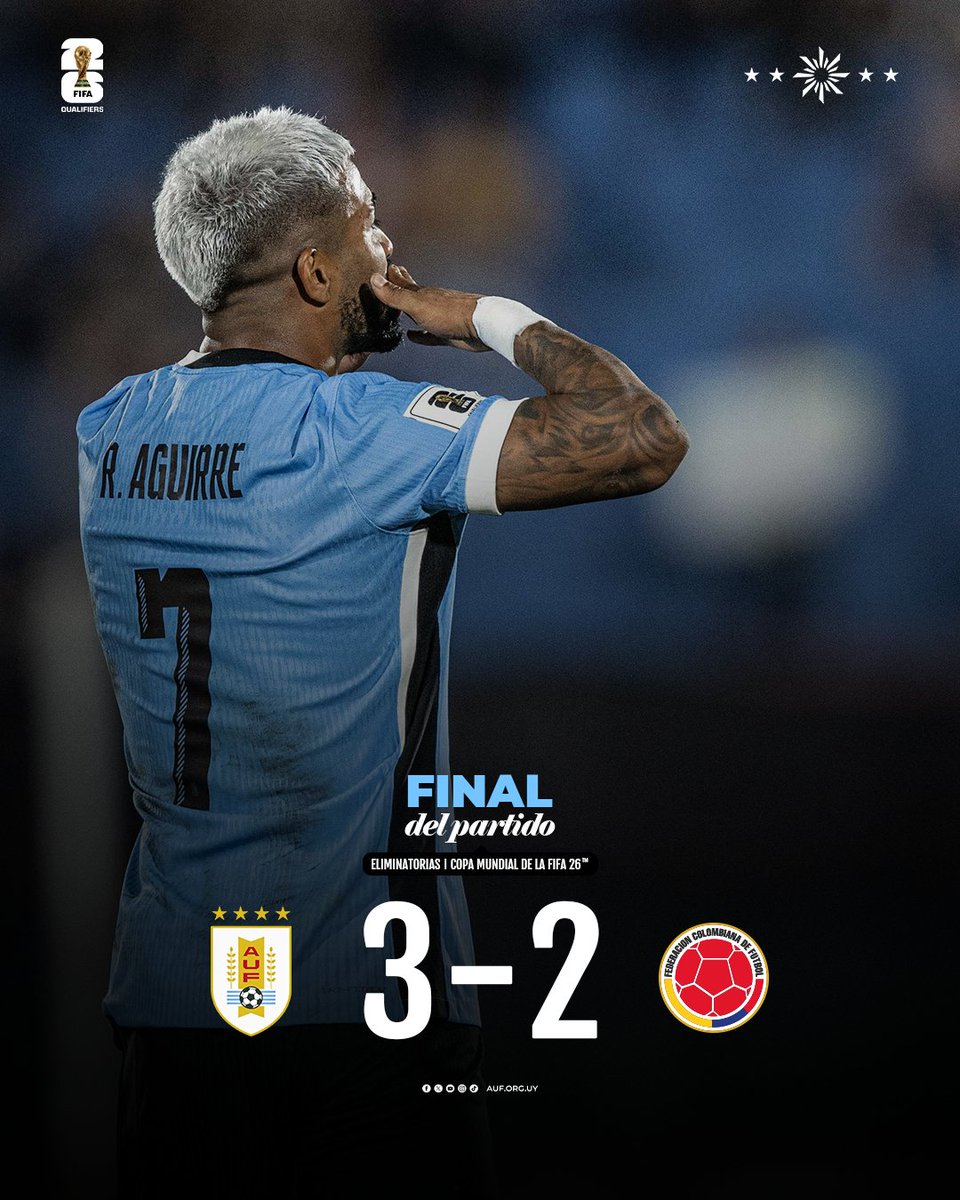 🇺🇾 ¡𝙂𝘼𝙉𝙊́ 𝙐𝙍𝙐𝙂𝙐𝘼𝙔!

<a href="/Uruguay/">Selección Uruguaya</a> 3-2 <a href="/FCFSeleccionCol/">Selección Colombia</a> 

⚽ Davinson Sánchez (e/c)
⚽️ Rodrigo Aguirre
⚽️ Manuel Ugarte

📌 Eliminatorias Copa Mundial de la FIFA 26™️

📺 AUF.TV

#ElEquipoQueNosUne