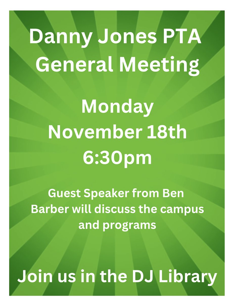 Family and friends of Danny Jones, join the PTA for a general meeting on Monday, November the 18th at 6:30pm in the DJ Library!  There will be a guest speaker from Ben Barber to discus the campus and available programs.