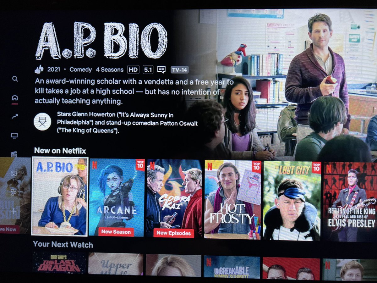 tonyvortex's tweet photo. Anyone with Netflix can now watch AP Bio. Honestly one of the 3 best sitcoms of the last 20 years. @MikeOBrienXOXO @pattonoswalt @APBioPeacock https://t.co/mck16Er0OU
