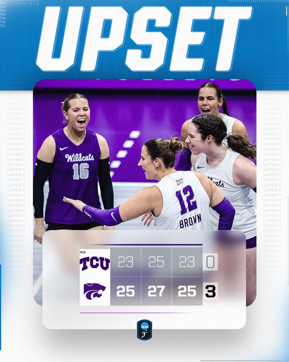 NCAAVolleyball's tweet photo. 🚨UPSET ALERT🚨

@KStateVB upset No. 18 TCU in three sets!

#NCAAWVB https://t.co/e1MOS0WTU7