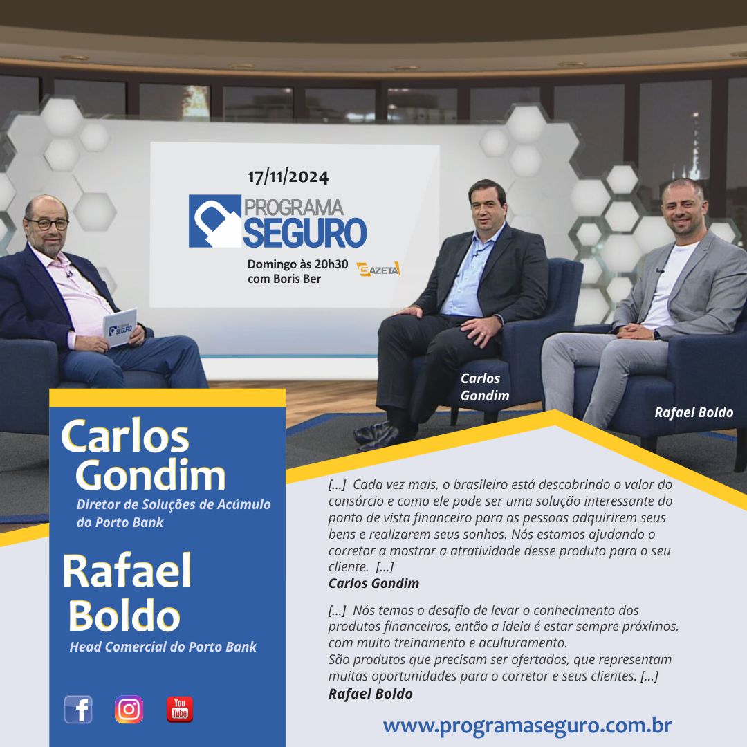 programaseguro's tweet image. Um domingo com entrevista especial para você.
Boris Ber conversa com CARLOS GONDIM - Diretor de Soluções de Acúmulo do Porto Bank e RAFAEL BOLDO - Head Comercial do Porto Bank que trazem informações relevantes sobre consórcio e produtos financeiros.
Anote na sua agenda e assista!