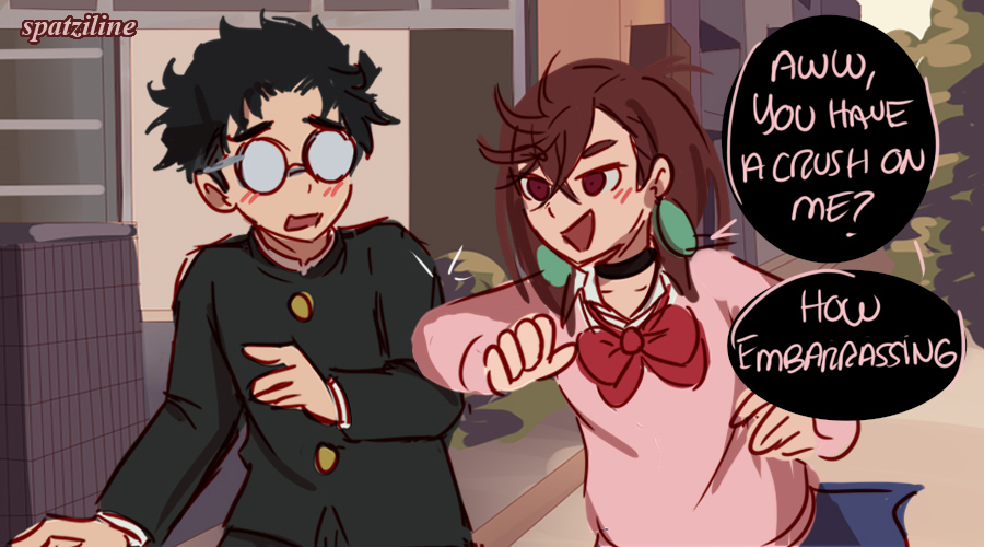 spatziline's tweet image. Okarun has a crush on Momo (incorrect quote) #dandadan #okamomo