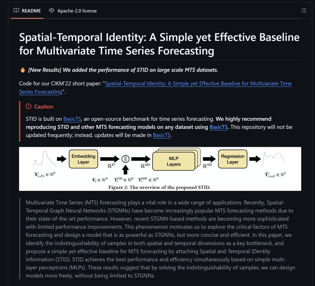 Spatial-Temporal Identity: A Simple yet Effective Baseline for Multivariate Time Series Forecasting
A promising method nearly 200 stars, and used as baselines by nearly 100 papers.
github.com/GestaltCogTeam…
#timeseries #MachineLearning #deeplearning #artificalintelligence #bigdata