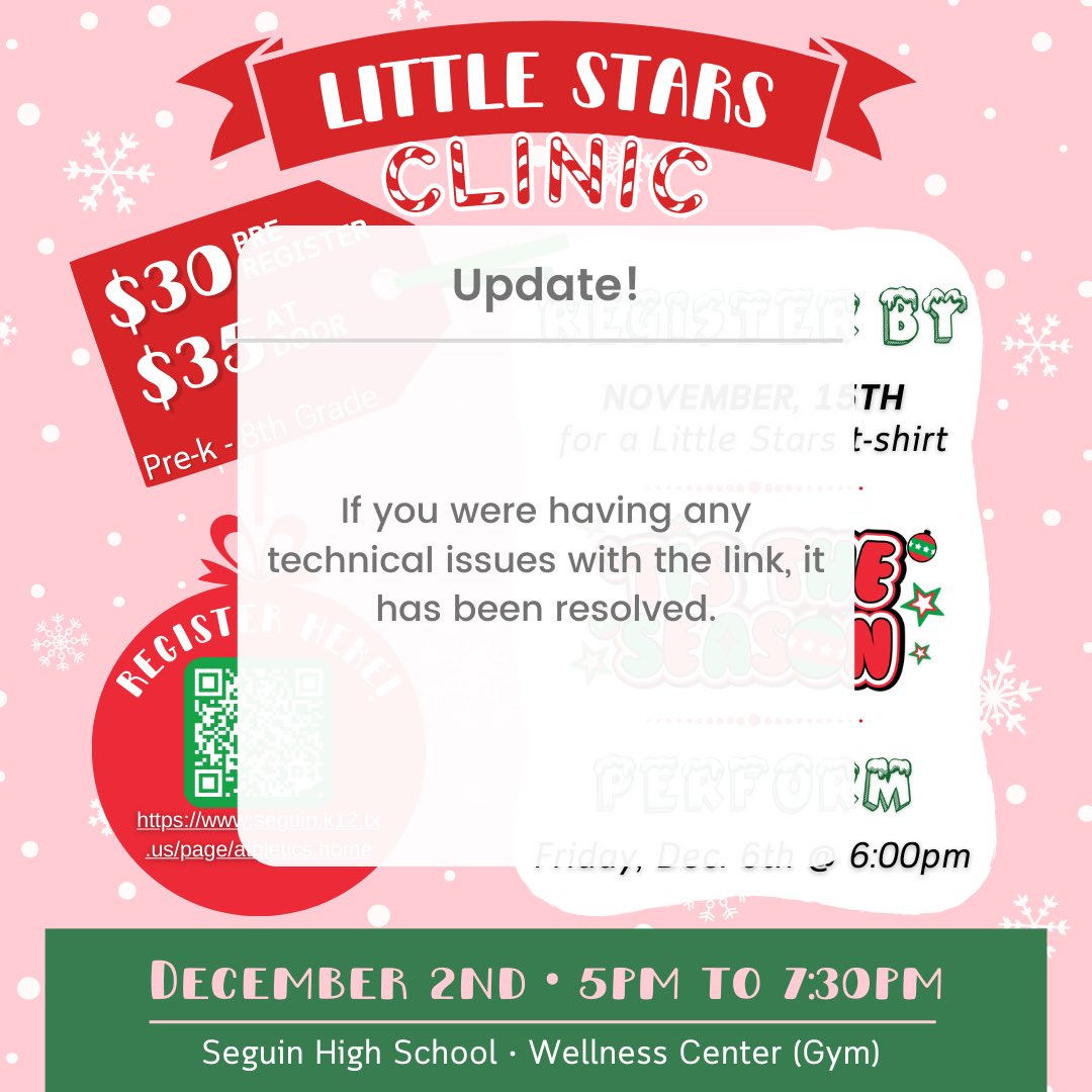 UPDATED!! seguin.k12.tx.us/page/athletics…

TODAYS THE LAST DAY TO PRE REGISTER AND RECEIVE A LITTLE STARS T-SHIRT! 🎄🌟