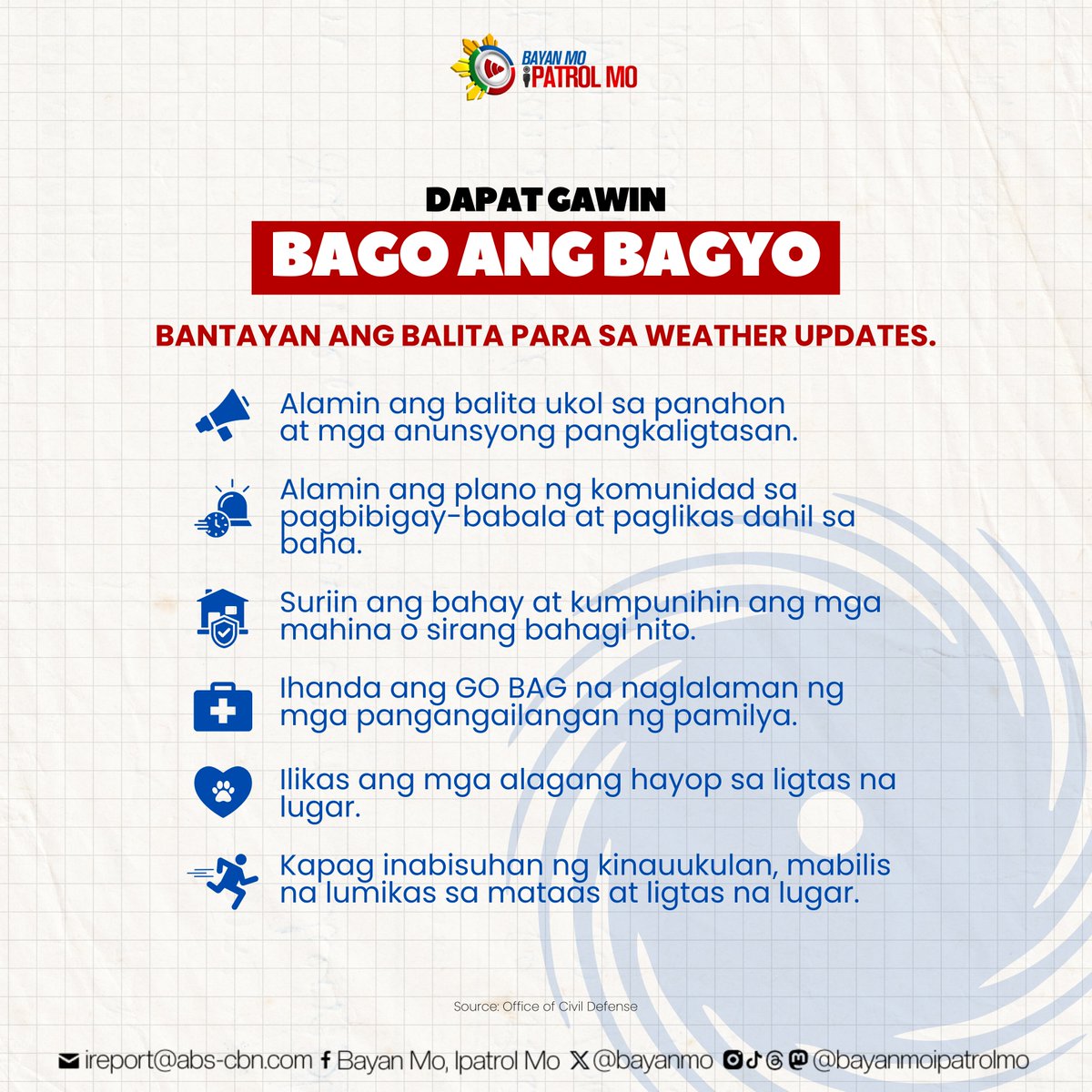 bayanmo's tweet image. #WeatherPatrol Manatiling ligtas at alerto, Kapamilya! 🚨

Dahil sa banta ng Bagyong #PepitoPH, importanteng malaman ang mga dapat gawin bago, habang, at pagkatapos ng bagyo.

Basahin ang kaugnay na ulat: news.abs-cbn.com/news/2024/11/1…

#Bagyo
#BMPM