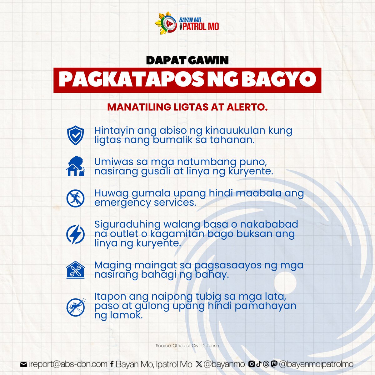 bayanmo's tweet image. #WeatherPatrol Manatiling ligtas at alerto, Kapamilya! 🚨

Dahil sa banta ng Bagyong #PepitoPH, importanteng malaman ang mga dapat gawin bago, habang, at pagkatapos ng bagyo.

Basahin ang kaugnay na ulat: news.abs-cbn.com/news/2024/11/1…

#Bagyo
#BMPM
