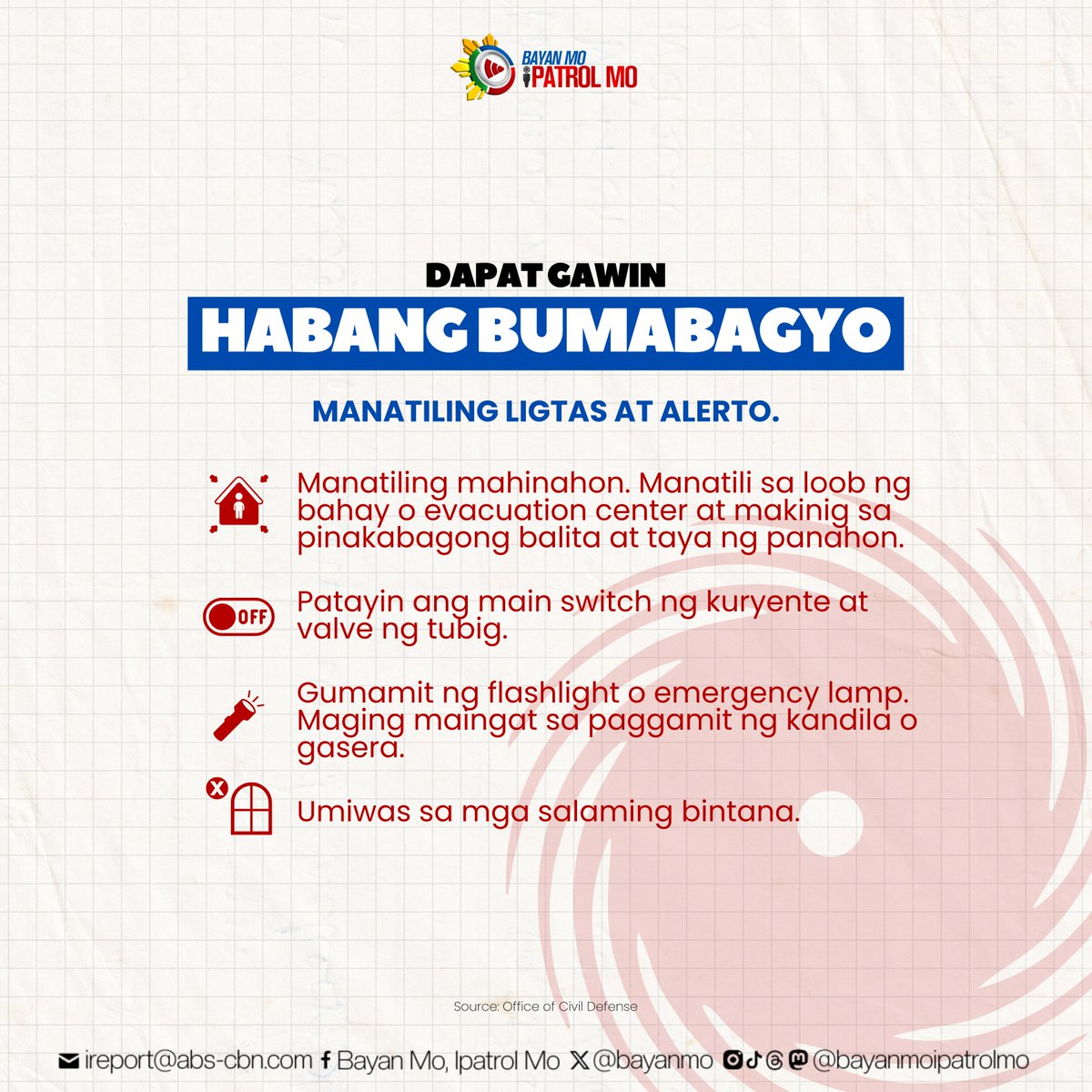 bayanmo's tweet image. #WeatherPatrol Manatiling ligtas at alerto, Kapamilya! 🚨

Dahil sa banta ng Bagyong #PepitoPH, importanteng malaman ang mga dapat gawin bago, habang, at pagkatapos ng bagyo.

Basahin ang kaugnay na ulat: news.abs-cbn.com/news/2024/11/1…

#Bagyo
#BMPM