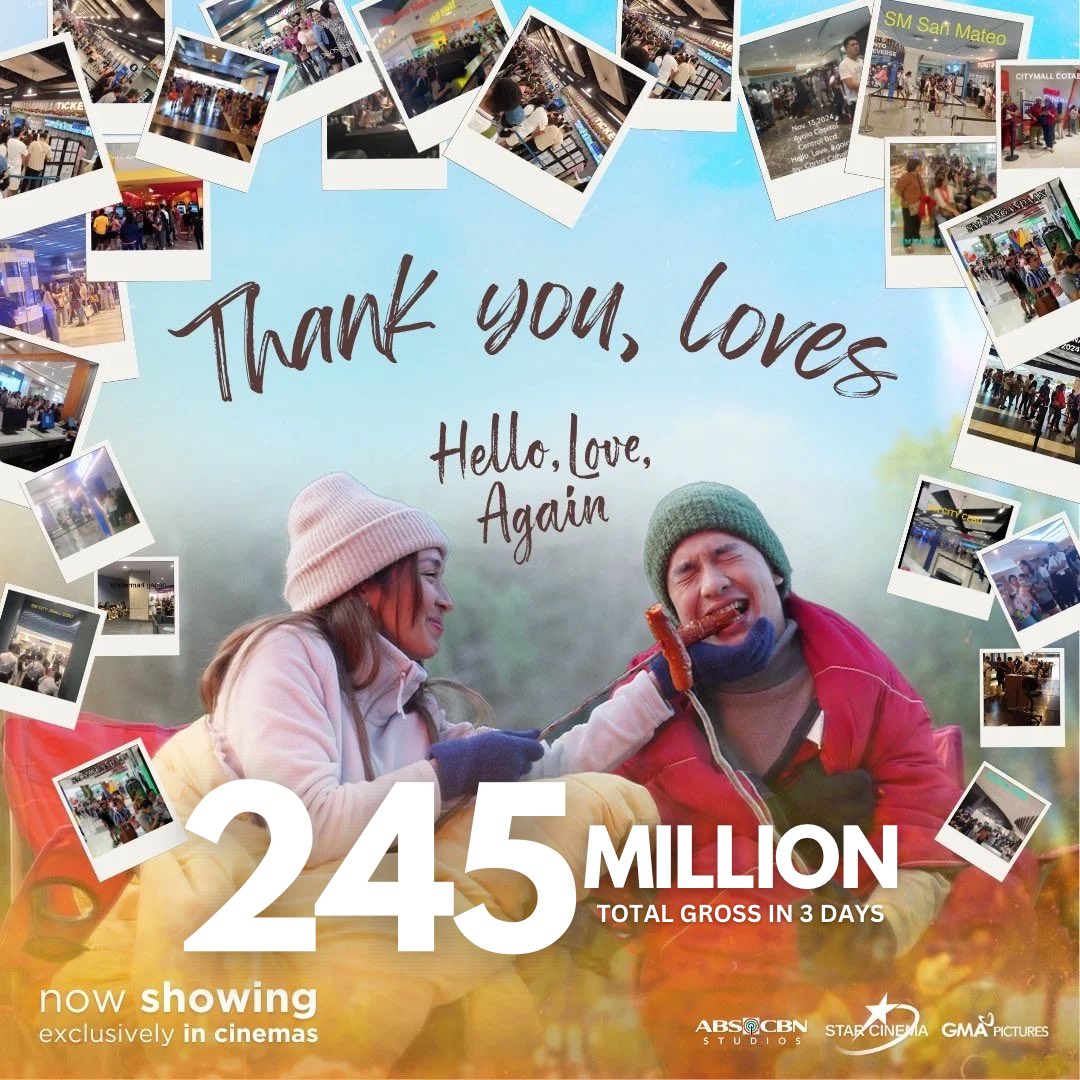OfficialKBB's tweet photo. Hello, Love, Again has grossed 245 MILLION IN JUST THREE DAYS! 🥳 Thank you so much, Kapamilya and Kapuso for watching #HelloLoveAgain! ❤️ #HelloLoveAgainDay3 https://t.co/FX5Atcylap