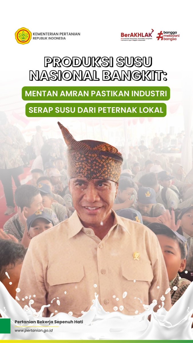 kementan's tweet photo. SobaTani, Mentan Amran menegaskan industri pengolahan susu nasional dapat menyerap susu dari peternak lokal di seluruh Indonesia. Mentan Amran pun mengingatkan agar para peternak lokal tetap menjaga kualitas susu yang dihasilkan, demi kesehatan &amp; kesejahteraan generasi kedepan. https://t.co/aU3EPtEJTQ