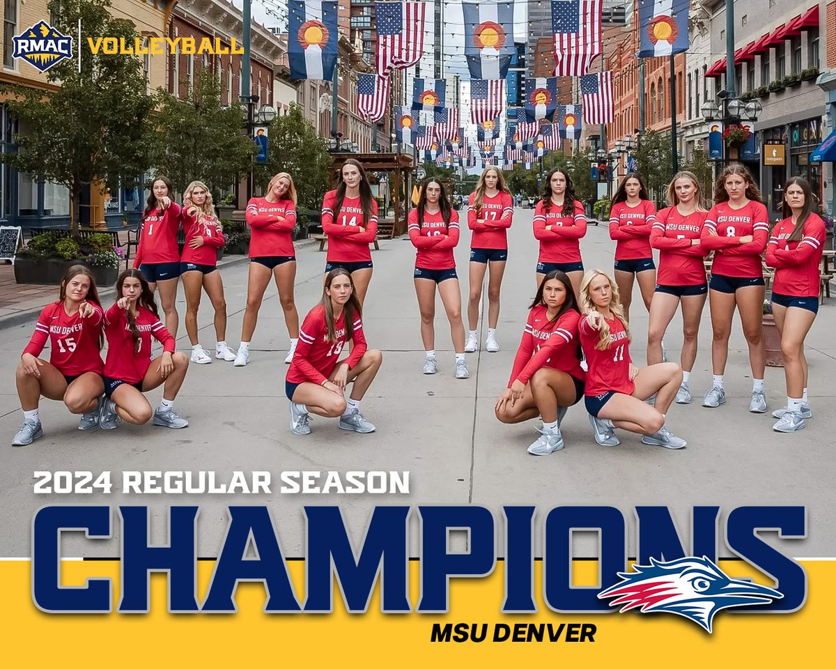 The 2024 RMAC Volleyball Champions!

With its win tonight, <a href="/MSUDenverVB/">MSU Denver Volleyball</a> wins at least a share of its fourth consecutive regular season title and eighth all-time! 

#EverythingElevated