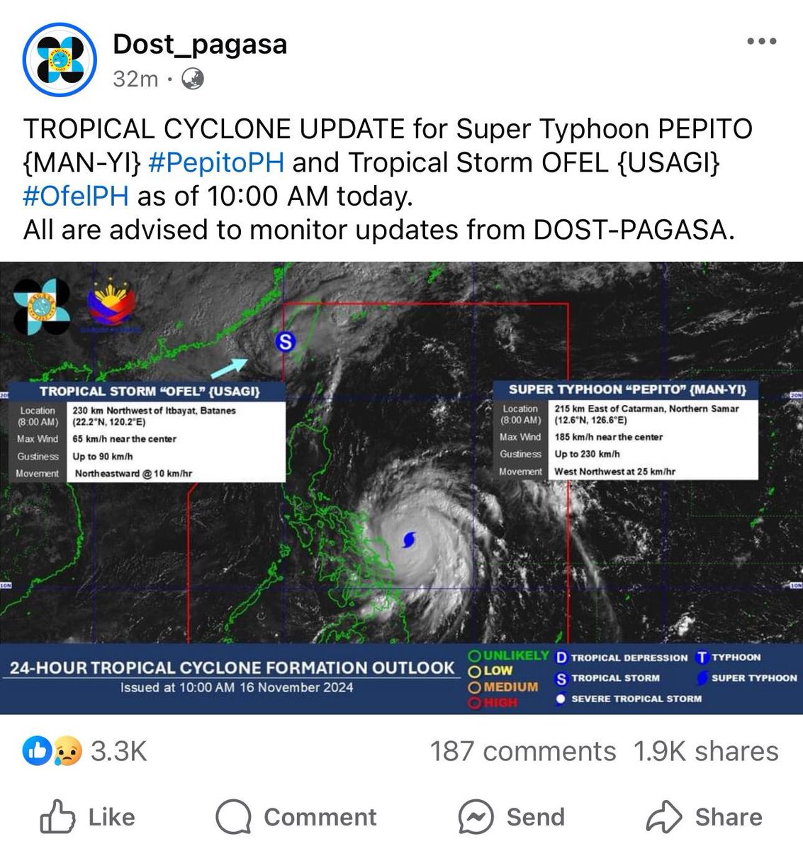 Pepito has been upgraded to a SUPER TYPHOON. Prepare mga kababayan! Flood prone areas please evacuate elderly, pregnant, children, PWDs and seniors. Those in landslide prone areas please also evacuate. Ingat din sa Leptospirosis. Please stay dry and safe!