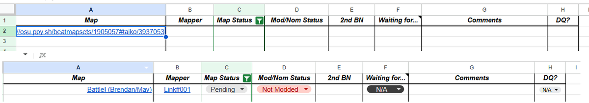 The_Default_Guy's tweet photo. Currently working on a BN log template with scripts that autofill the mapper, artist and title, sorts each request in order of priority, and filter out ranked maps. Currently testing, but there's great potential and I plan on trying to connect it to BN Planner or osumod. https://t.co/N8XjWvKuaU