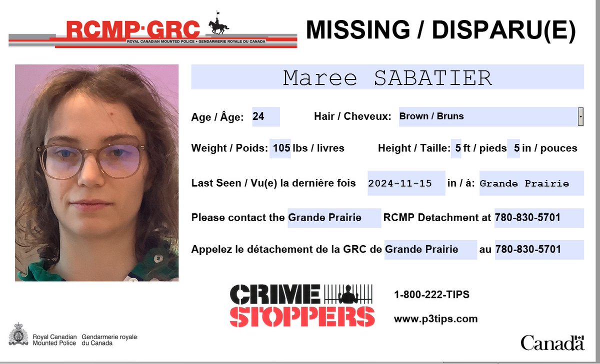 TSRGP's tweet image. Grande Prairie RCMP is seeking the public assistance’s in locating missing 24-year-old Maree Sabatier. #gpab #countyofgp