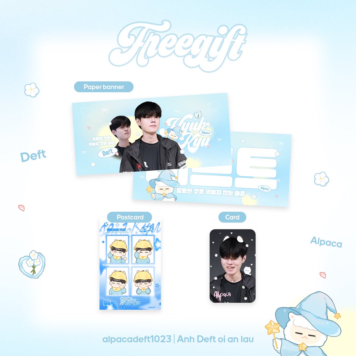 ✨𝙁𝙖𝙧𝙚𝙬𝙚𝙡𝙡 𝘿𝙚𝙛𝙩, 𝙠𝙩 𝙍𝙤𝙡𝙨𝙩𝙚𝙧'𝙨 𝘽𝙧𝙞𝙜𝙝𝙩𝙚𝙨𝙩 𝙎𝙩𝙖𝙧 

데프트 선수 송별회에서 배너 + 포토카드 + 포스토카드 나눔합니다!

💫  날짜: 11/17 (일)
💫  장소: 예스24라이브홀 
💫 수량: 50 set

자세한 시간 및 장소 당일 타래 공지 🦙 

#데프트 #Deft #KTRolster
