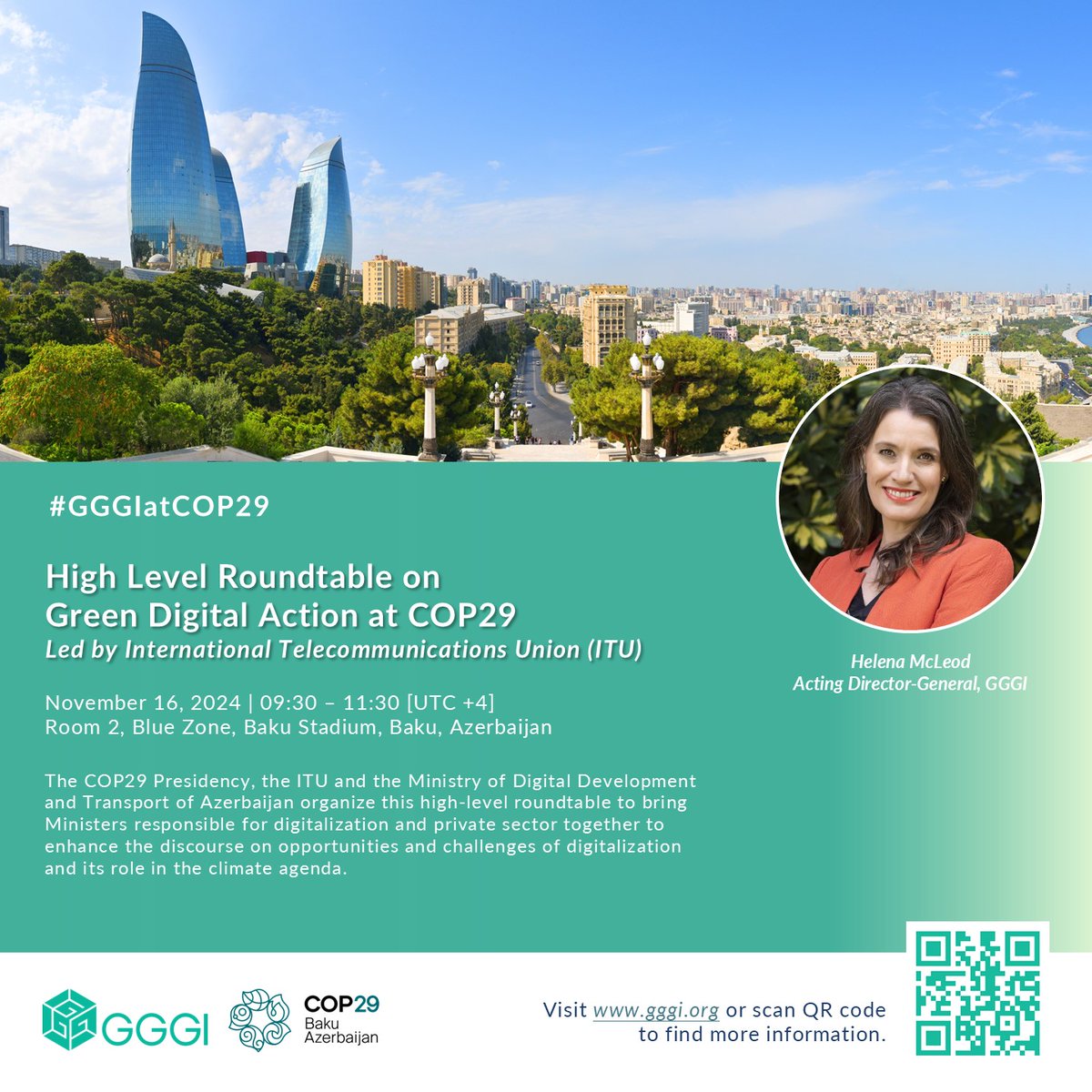gggi_hq's tweet photo. 📢 #GGGIatCOP29
💚 Join Helena McLeod at the Green Digital Action roundtable! Leaders discuss leveraging digitalization for climate action, adopting the Declaration on Green Digital Action.

🕘 9:30 AM | 16 Nov
📍 Mugham, Special Events Room 2
🔗 https://t.co/ac15kbfZMV https://t.co/5NuB9fHgNG