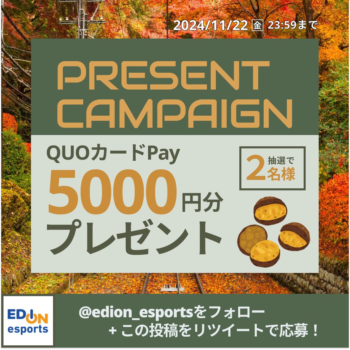 エディオン eスポーツ (@edion_esports) on Twitter photo /
3週連続! #プレゼントキャンペーン開催 #2
\
フォロー&リポストで #QuoカードPay 5,000円分を
抽選で2名様にプレゼント🌰
2回目となります!
今週も参加よろしくお願いします🙌
🔹応募
<a href="/edion_esports/">エディオン eスポーツ</a> をフォロー
この投稿をリポスト
🔹締切
11月22日(金) 23:59
#エディオンeスポーツ /
3週連続! #プレゼントキャンペーン開催 #2
\
フォロー&リポストで #QuoカードPay 5,000円分を
抽選で2名様にプレゼント🌰
2回目となります!
今週も参加よろしくお願いします🙌
🔹応募
<a href="/edion_esports/">エディオン eスポーツ</a> をフォロー
この投稿をリポスト
🔹締切
11月22日(金) 23:59
#エディオンeスポーツ