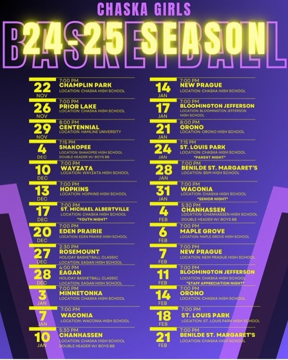 Chaska Girls Basketball (@hawksgirlsbball) on Twitter photo Our 2024-25 Schedule #soarhawks Our 2024-25 Schedule #soarhawks