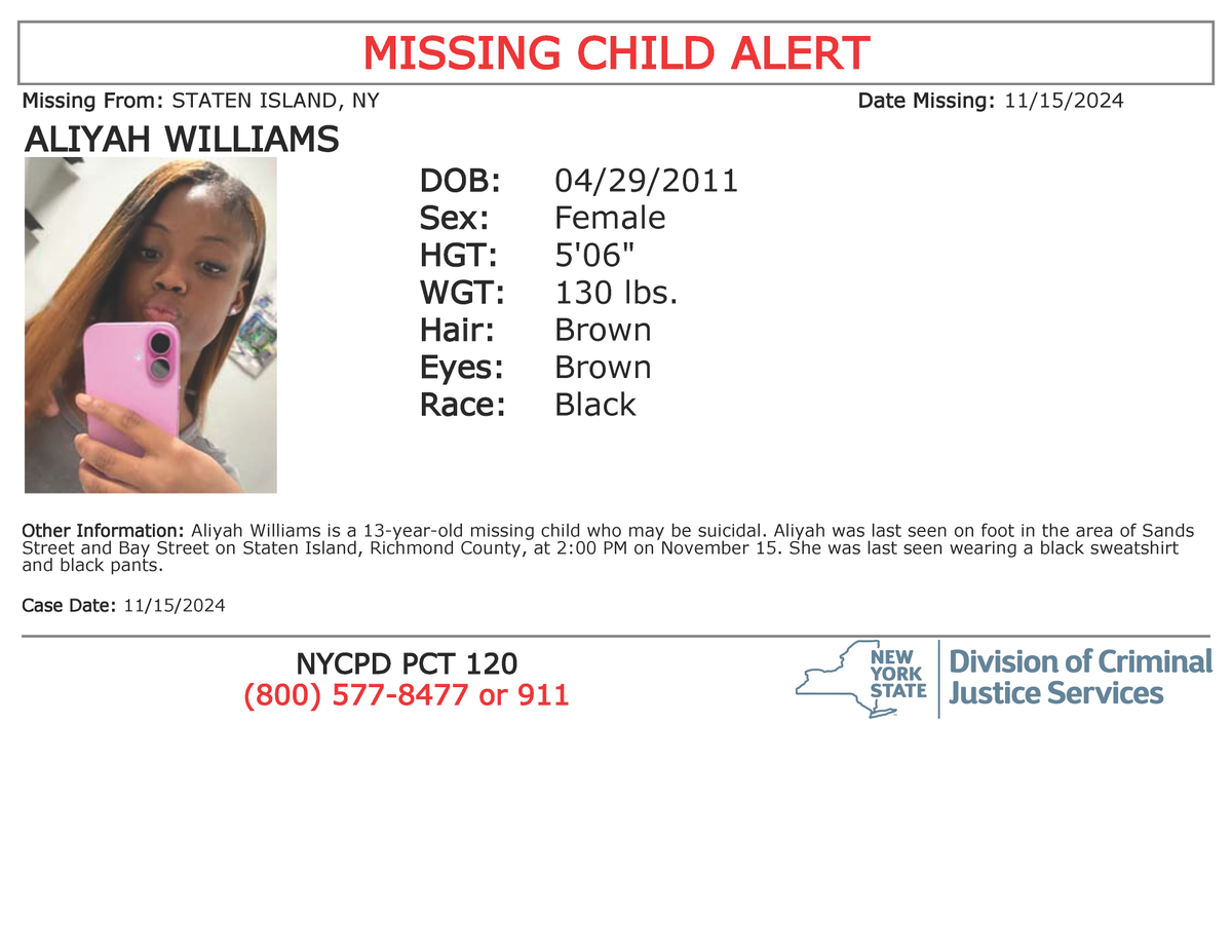 NotifyNYC's tweet photo. #MissingChild Alert: Aliyah Williams, F/B/13, 5'6" and 130lbs, from Staten Island, NY. The missing is suicidal &amp; may be in imminent danger. If seen call 911. Multilingual &amp; ASL Link: https://t.co/MEZUPS9pQC https://t.co/XsTqmq2WxH