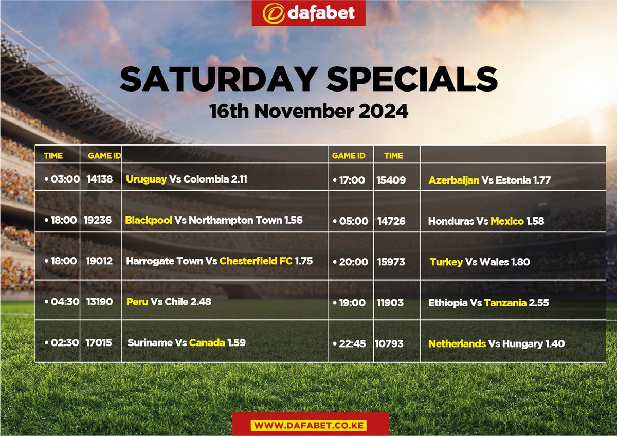 DafabetKenya's tweet photo. Check out our SATURDAY SPECIALS
to make your selections
#DafaSpecials #TukoGame https://t.co/KJpcbGcczQ