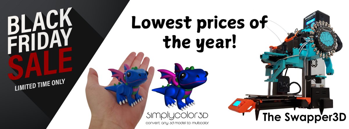 Our Black Friday Sale has begun!  50% off!  Perfect time to get a Swapper3D (249.99 USD) and SimplyColor3D (29.99 USD)!  bigbrain3d.com/shop/ #3dprinter #BlackFriday #3dprinting #Christmas