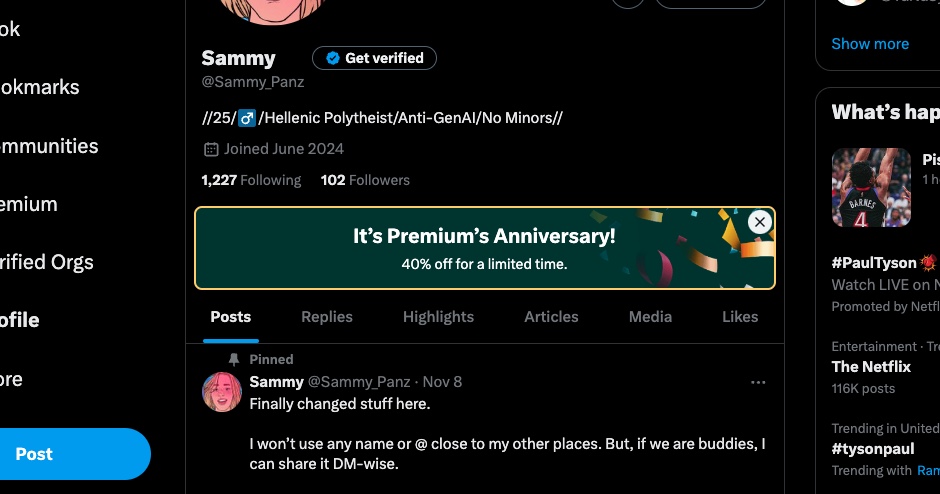 Sammy_Panz's tweet photo. Bruh... Why not make this site actually fun to use and functional as a person seeking an audience?

Do that and you'd not have to advertise paying for Twitter, you'd get ads back and people subbing due to it being fun... but nah, you cannot be bothered not gaslighting us... https://t.co/uhI3U5jxgh